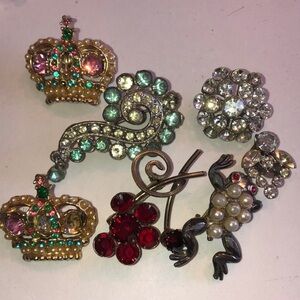 Flawed Vintage Crown Flower Frog Rhinestone Faux Pearl Brooch Lot